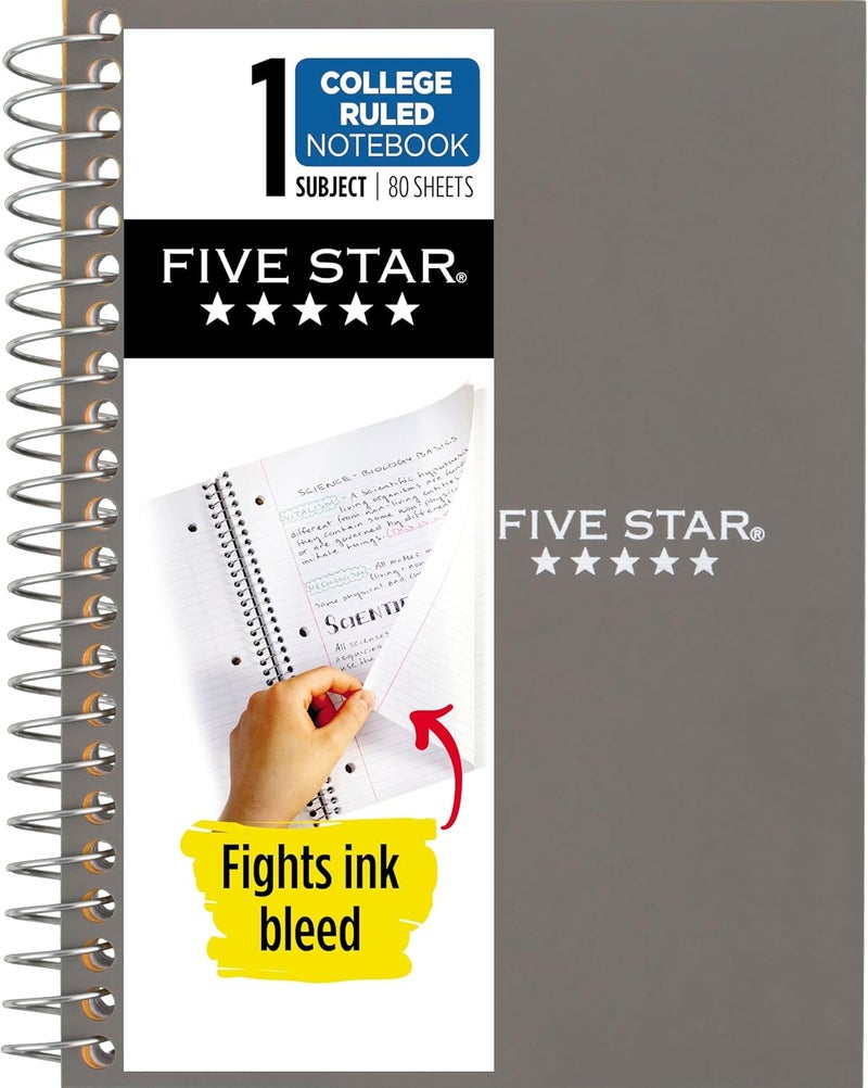 Five Star Spiral Notebook, 1 Subject, College Ruled Paper, Personal Size, 4-3/8" x 7", 80 Sheets, Fights Ink Bleed, Water Resistant Cover, Gray (450048AA3-ECM) - Image 1